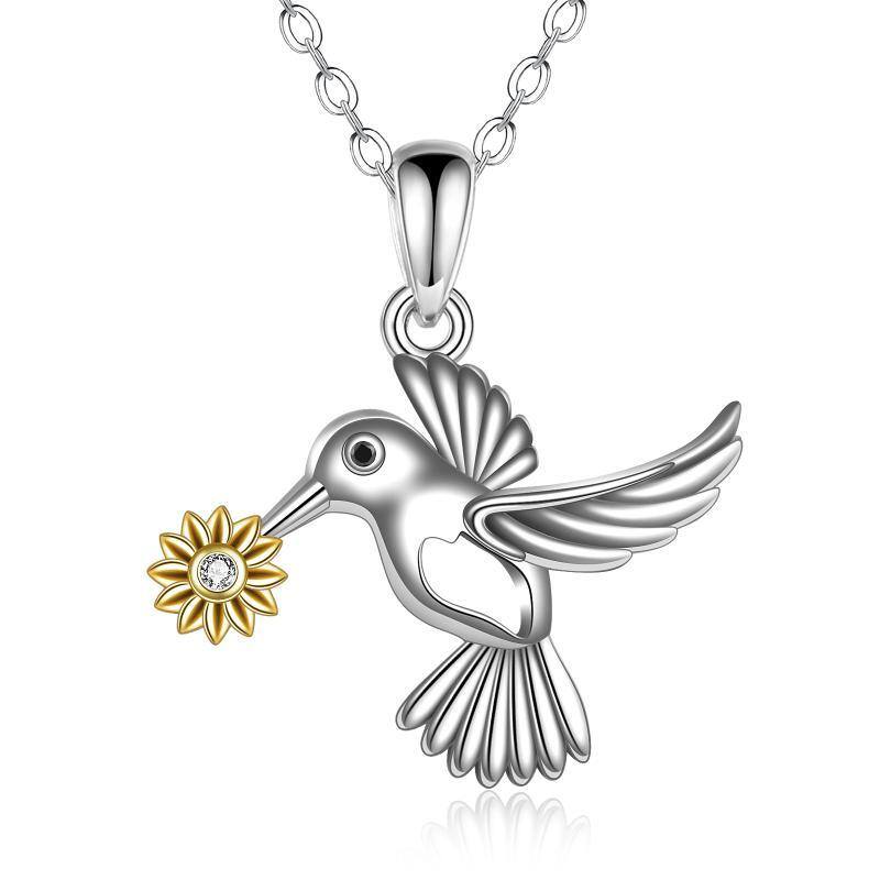 Zweifarbige Halskette mit Kolibri-Sonnenblumen-Anhänger aus Sterlingsilber mit Zirkonia-1