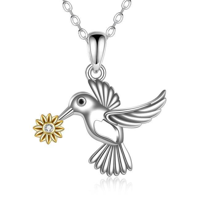 Sterling Silver Two-tone Cubic Zirconia Hummingbird & Sunflower Pendant Necklace-0