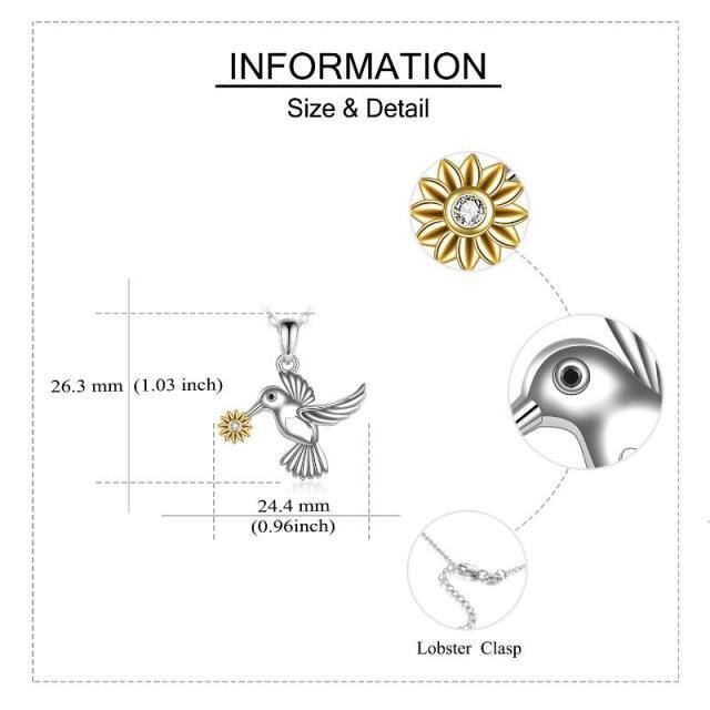 Sterling Silver Two-tone Cubic Zirconia Hummingbird & Sunflower Pendant Necklace-4