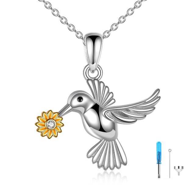 Sterling Silver Two-tone Circular Shaped Cubic Zirconia Hummingbird & Sunflower Urn Necklace for Ashes-2