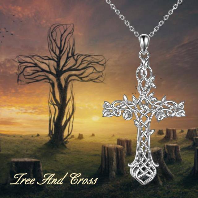 Sterling Silver Tree Of Life & Cross Pendant Necklace-5