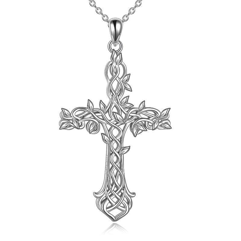 Sterling Silver Tree Of Life & Cross Pendant Necklace-1