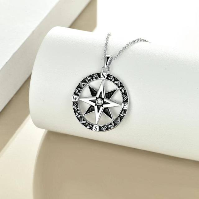 Sterling Silver Circular Shaped Cubic Zirconia Compass Pendant Necklace-2
