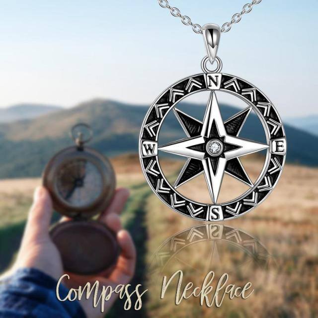 Sterling Silver Circular Shaped Cubic Zirconia Compass Pendant Necklace-5