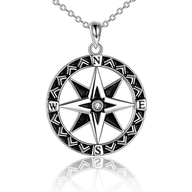 Sterling Silver Circular Shaped Cubic Zirconia Compass Pendant Necklace-1