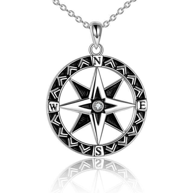 Sterling Silver Circular Shaped Cubic Zirconia Compass Pendant Necklace-0