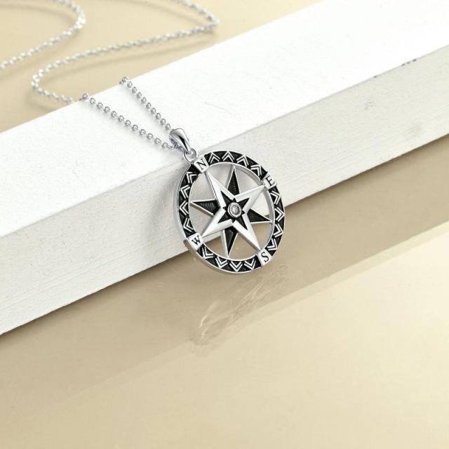 Sterling Silver Circular Shaped Cubic Zirconia Compass Pendant Necklace-3