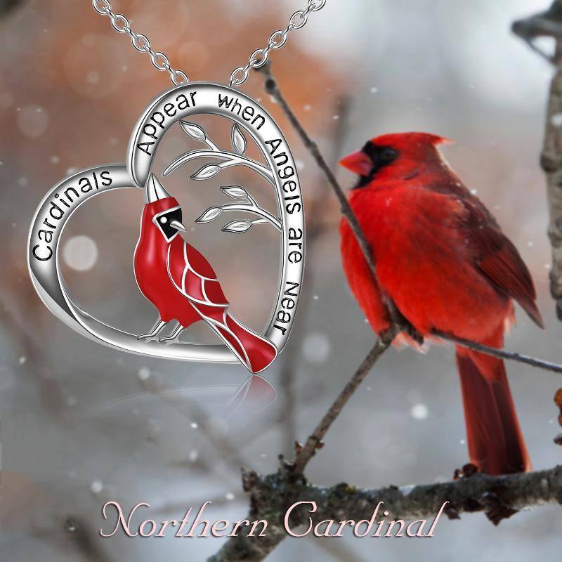 Sterling Silver Lucky Cardinal & Heart Pendant Necklace with Engraved Word-6