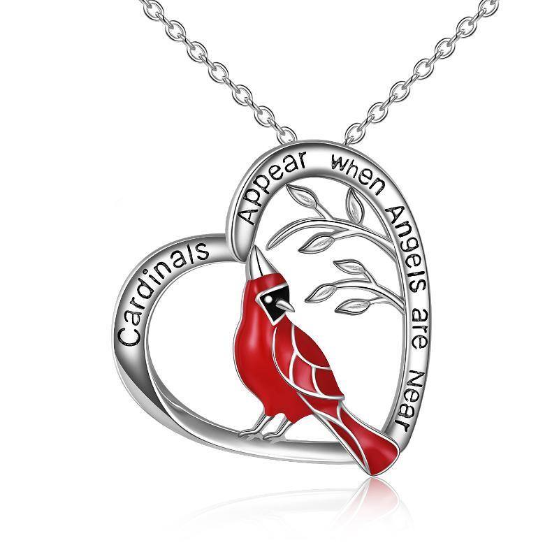 Sterling Silver Lucky Cardinal & Heart Pendant Necklace with Engraved Word-1