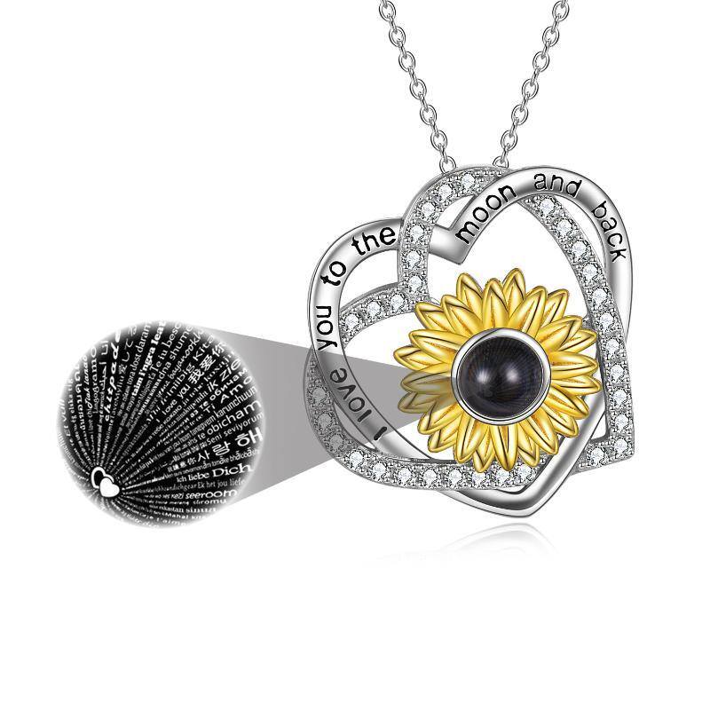Sterling Silver Two-tone Circular Shaped Projection Stone & Personalized Projection Sunflower Pendant Necklace with Engraved Word-1