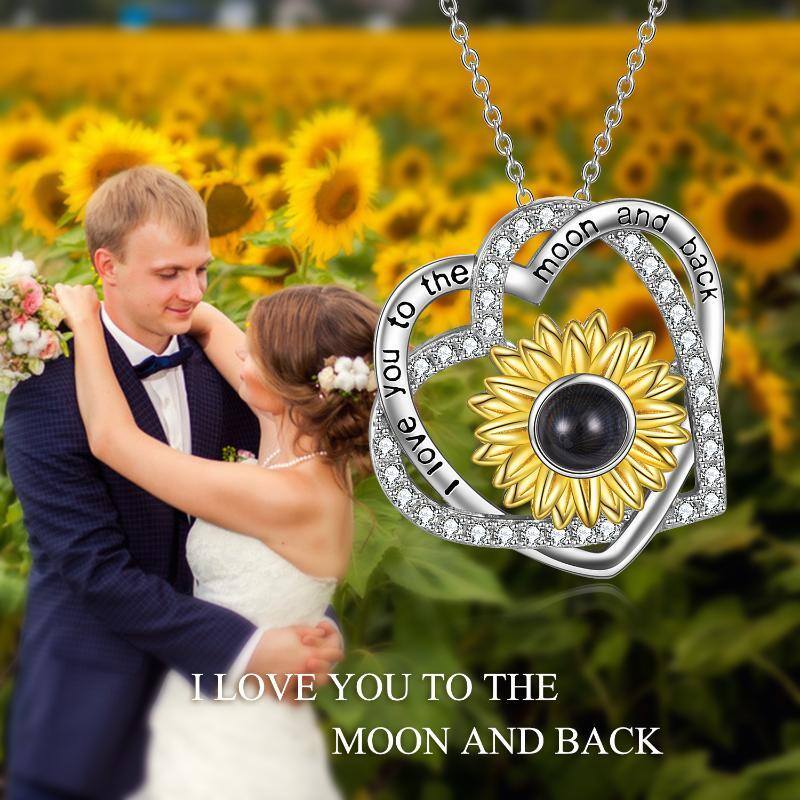 Sterling Silver Two-tone Circular Shaped Projection Stone & Personalized Projection Sunflower Pendant Necklace with Engraved Word-6