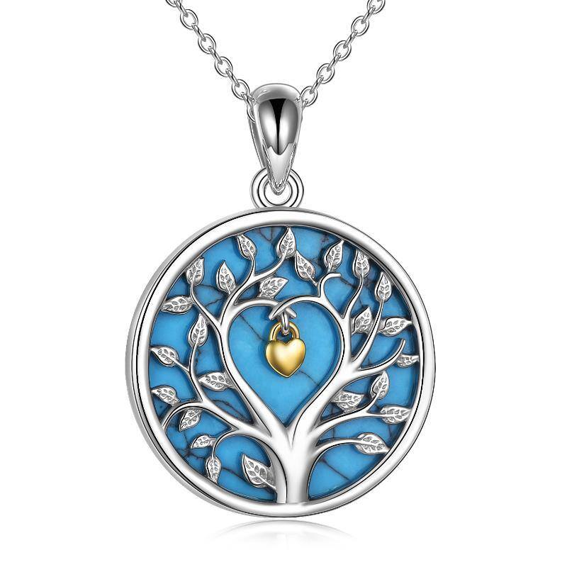 Sterling Silver Two-tone Circular Shaped Turquoise Tree Of Life & Heart & Lock Pendant Necklace-1