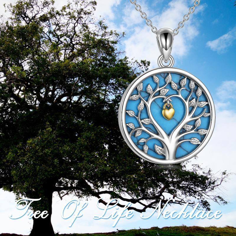 Sterling Silver Two-tone Circular Shaped Turquoise Tree Of Life & Heart & Lock Pendant Necklace-6