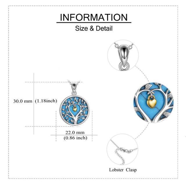 Sterling Silver Two-tone Circular Shaped Turquoise Tree Of Life & Heart & Lock Pendant Necklace-4