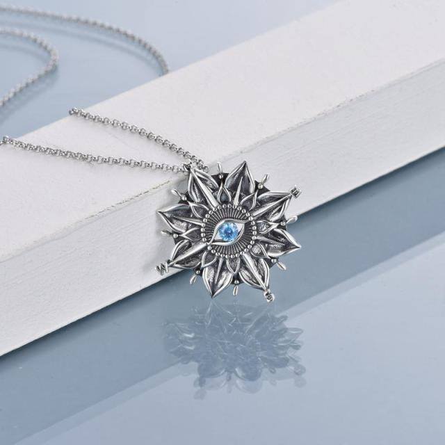 Sterling Silver Circular Shaped Cubic Zirconia Sunflower & Compass & Evil Eye Pendant Necklace-3