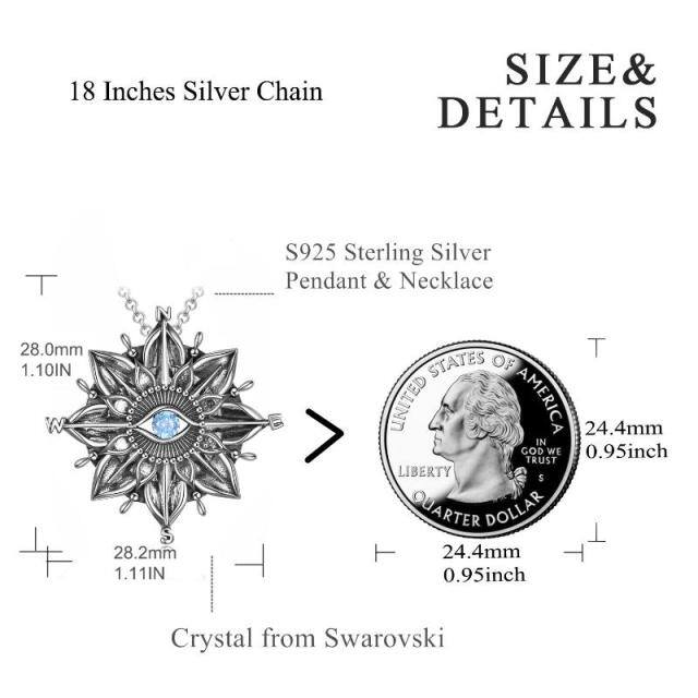 Sterling Silver Circular Shaped Cubic Zirconia Sunflower & Compass & Evil Eye Pendant Necklace-4