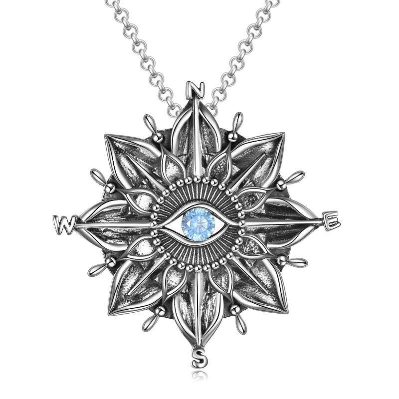 Sterling Silver Circular Shaped Cubic Zirconia Sunflower & Compass & Evil Eye Pendant Necklace-1