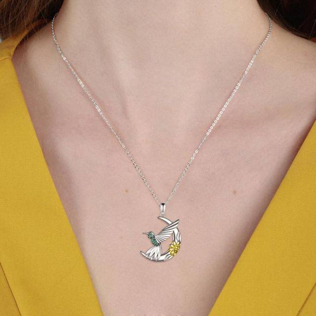 Sterling Silver Two-tone Hummingbird & Daisy & Moon Pendant Necklace-1