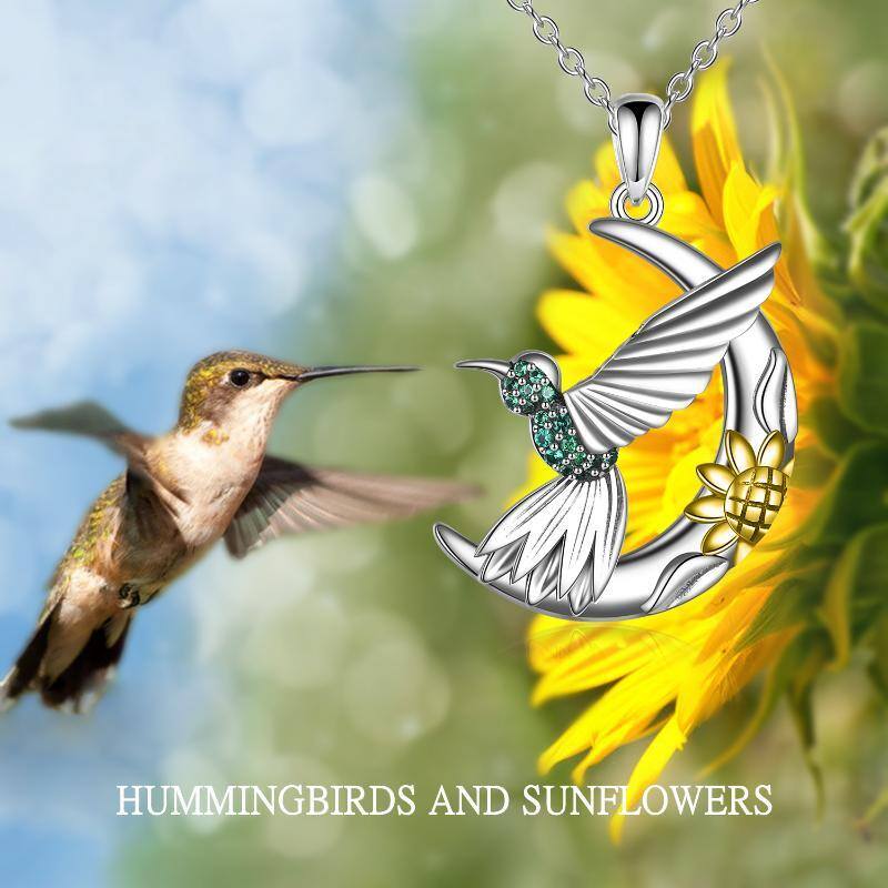 Sterling Silver Two-tone Hummingbird & Daisy & Moon Pendant Necklace-6