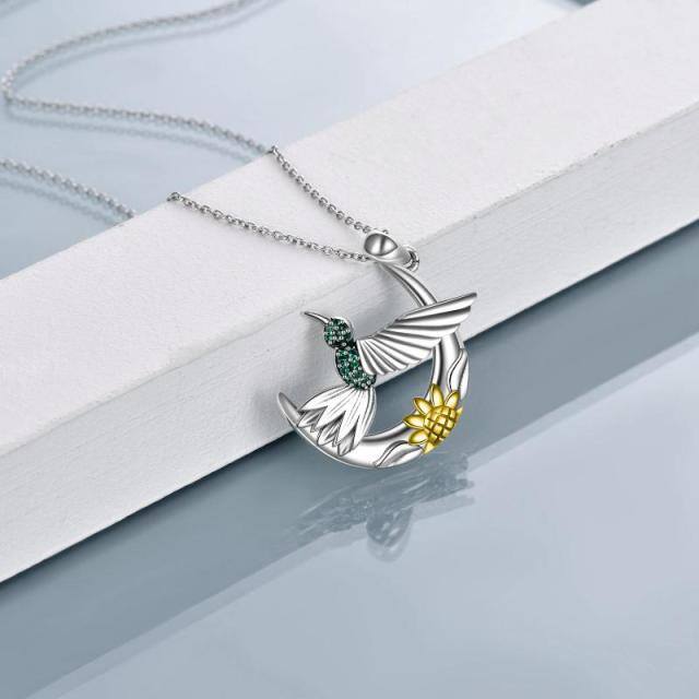 Sterling Silver Two-tone Hummingbird & Daisy & Moon Pendant Necklace-3