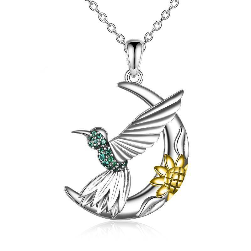 Sterling Silver Two-tone Hummingbird & Daisy & Moon Pendant Necklace-1