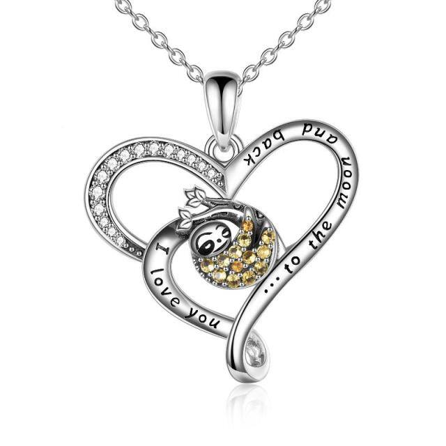 Sterling Silver Circular Shaped Cubic Zirconia Sloth & Heart Pendant Necklace with Engraved Word-0