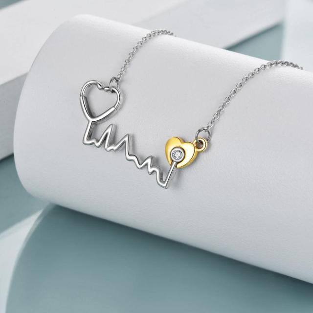 Sterling Silver Two-tone Cubic Zirconia Heart Pendant Necklace-4