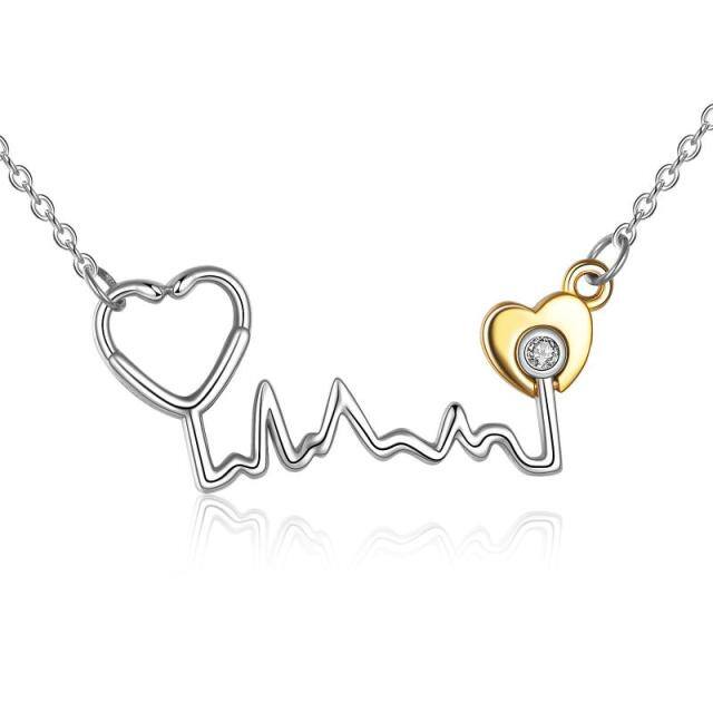 Sterling Silver Two-tone Cubic Zirconia Heart Pendant Necklace-1
