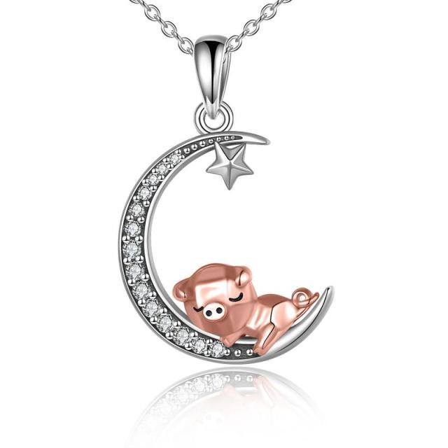 Sterling Silver Two-tone Cubic Zirconia Pig & Moon Pendant Necklace-4