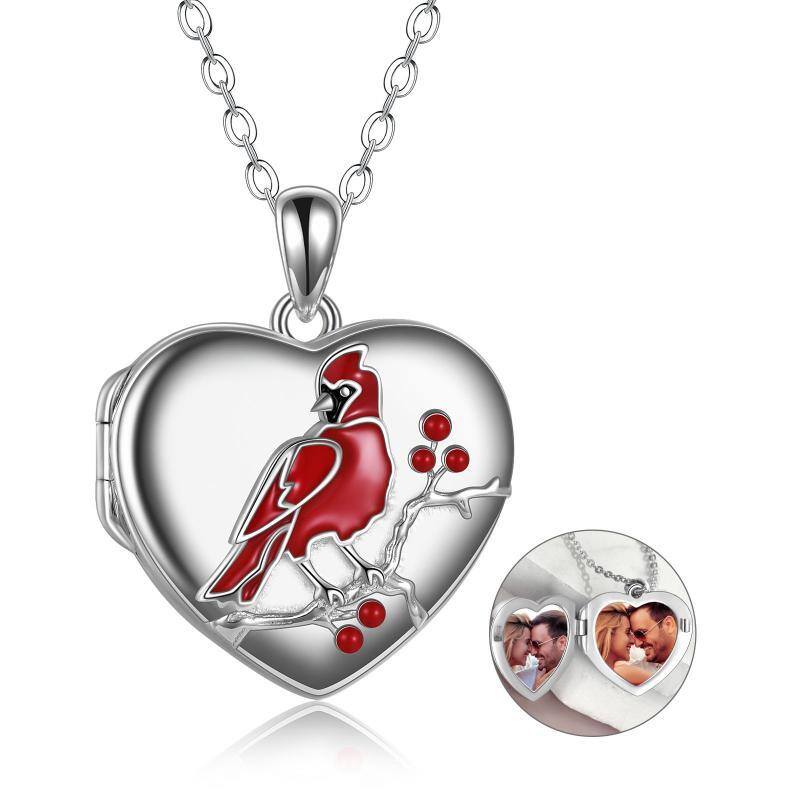 Sterling Silver Cardinal & Heart Personalized Photo Locket Necklace with Engraved Word-1