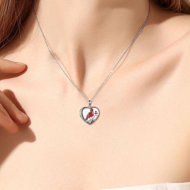 Sterling Silver Cardinal & Heart Personalized Photo Locket Necklace with Engraved Word-1
