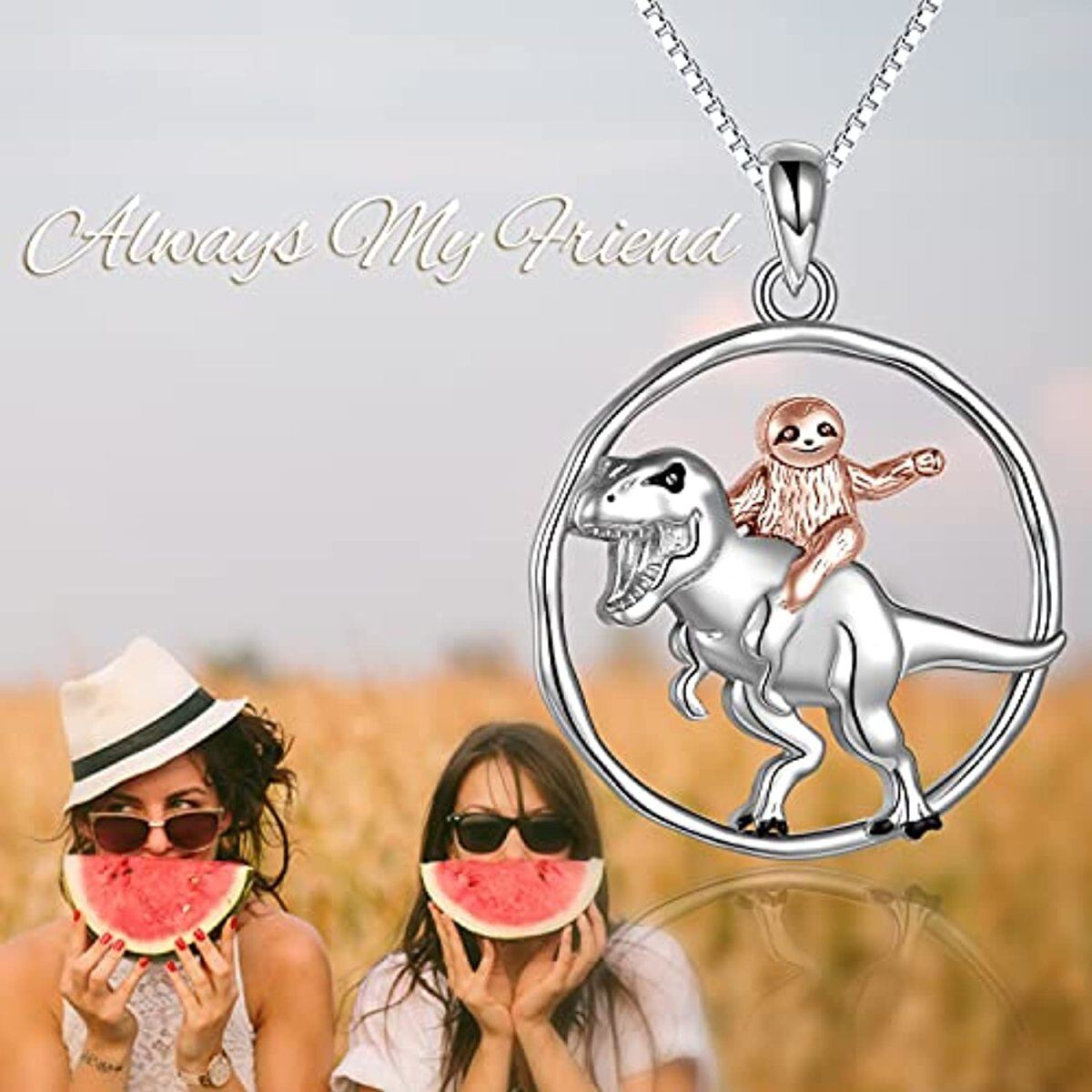 Sterling Silver Two-tone Dinosaur & Sloth Pendant Necklace-6