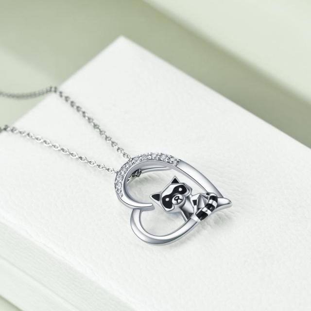 Sterling Silver Cubic Zirconia Raccoon & Heart Pendant Necklace-3