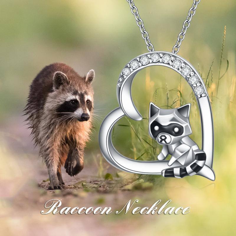 Sterling Silver Cubic Zirconia Raccoon & Heart Pendant Necklace-6