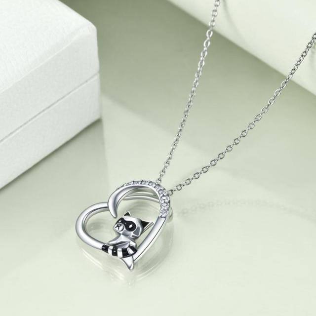 Sterling Silver Cubic Zirconia Raccoon & Heart Pendant Necklace-2