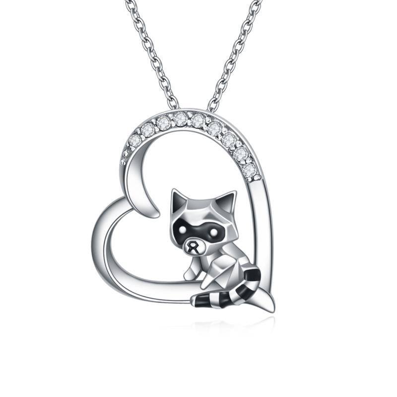 Sterling Silver Cubic Zirconia Raccoon & Heart Pendant Necklace-1