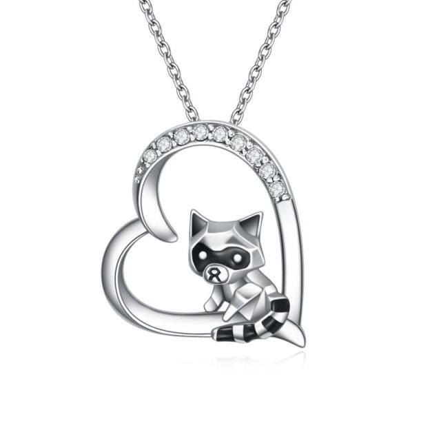 Sterling Silver Cubic Zirconia Raccoon & Heart Pendant Necklace-0