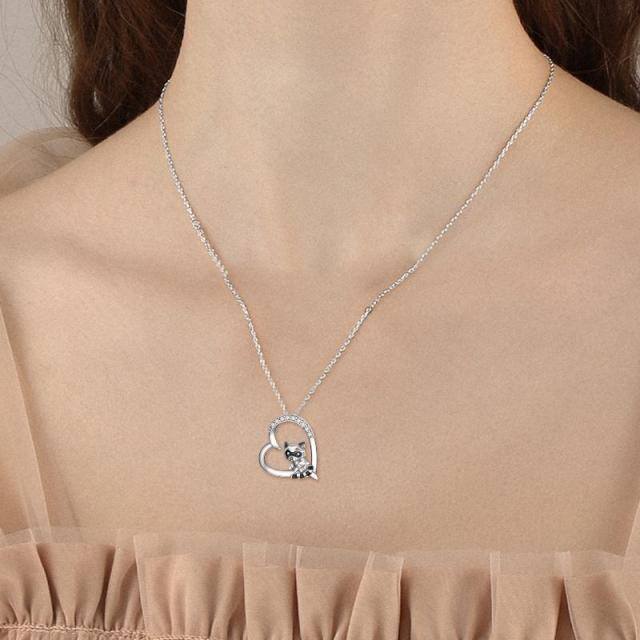Sterling Silver Cubic Zirconia Raccoon & Heart Pendant Necklace-1