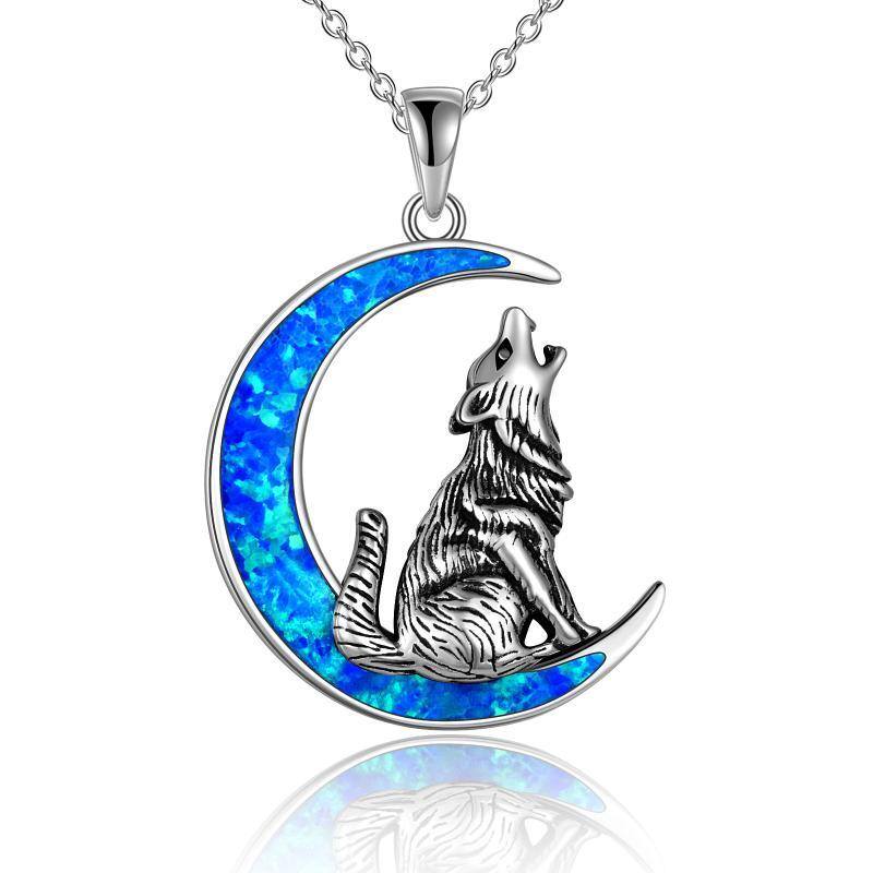 Sterling Silver Opal Wolf & Moon Pendant Necklace-1