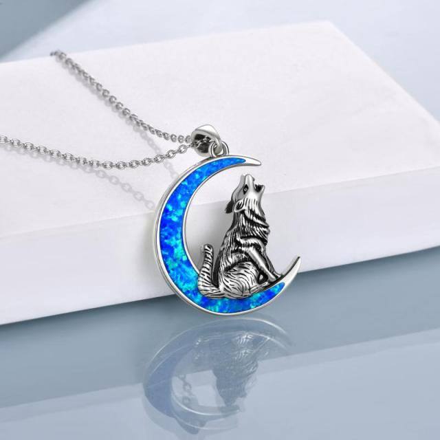 Sterling Silver Opal Wolf & Moon Pendant Necklace-3