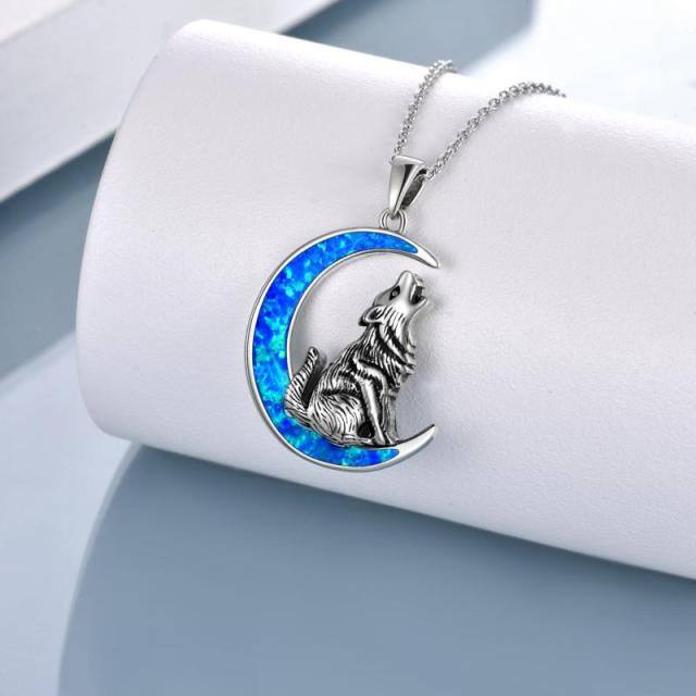 Sterling Silver Opal Wolf & Moon Pendant Necklace-2