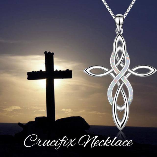 Plata de ley de ópalo blanco Celtic Knot Cruz y Infinito Collar Colgante-5