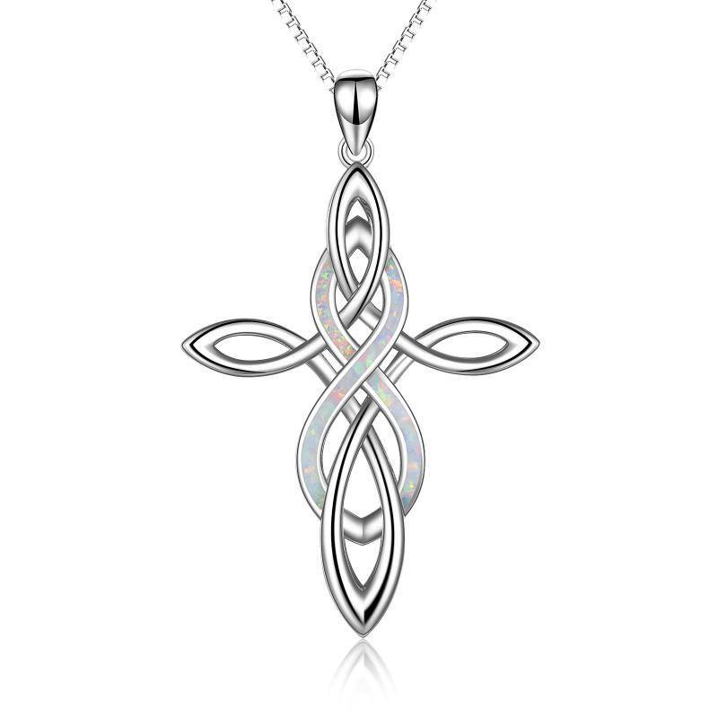 Sterling Silver White Opal Celtic Knot Cross & Infinity Pendant Necklace-1
