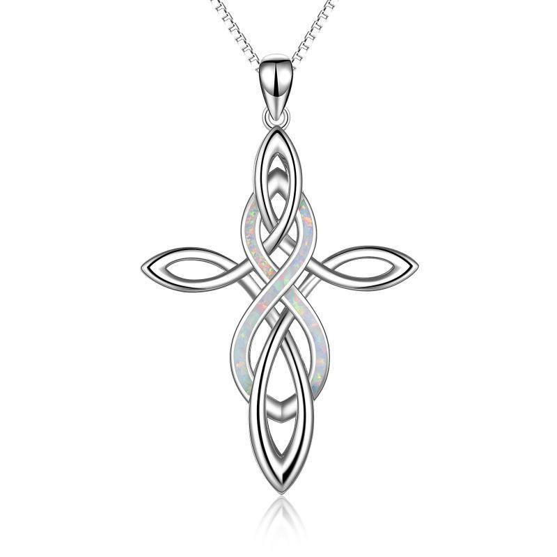 Collier en argent sterling avec pendentif croix et infini en forme de nœud celtique en opale blanche-1