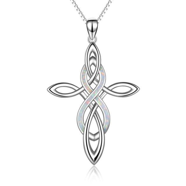 Sterling Silber Weißer Opal Keltischer Knoten Kreuz & Unendlichkeit Anhänger Halskette-0