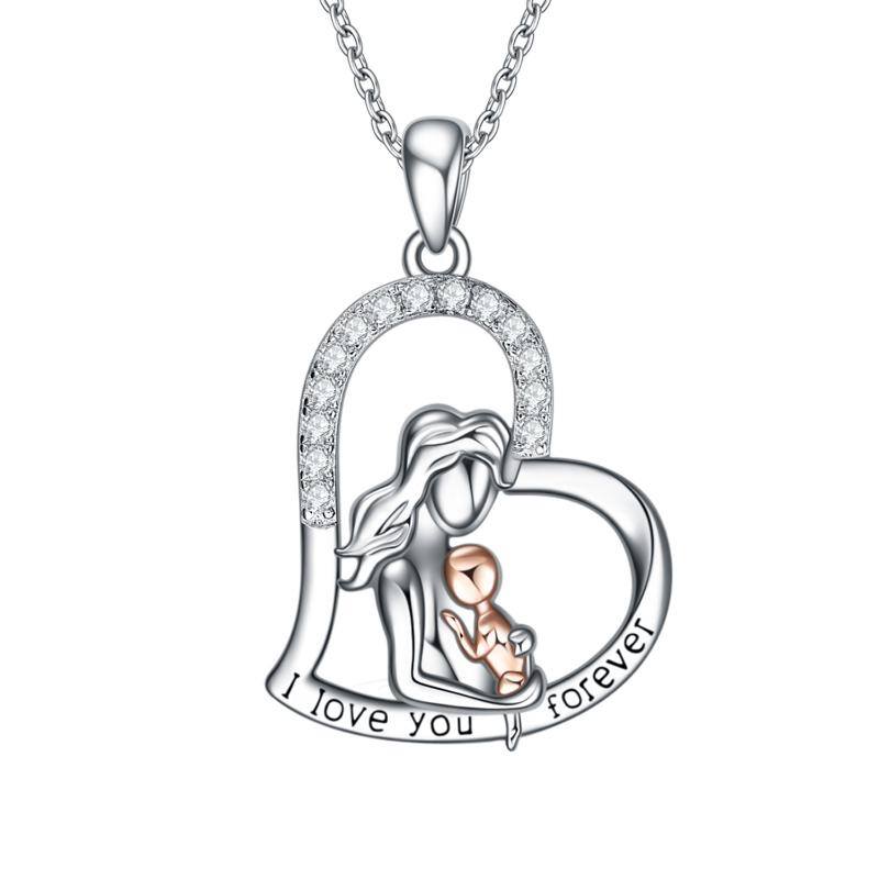 Sterling Silver Two-tone Cubic Zirconia Mother Daughter Heart Engraved Necklace for Women