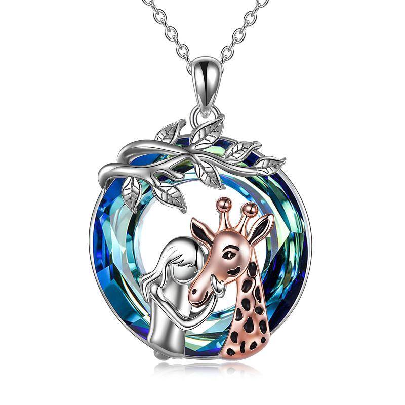 Sterling Silver Two-tone Giraffe & Tree Of Life Crystal Pendant Necklace-1