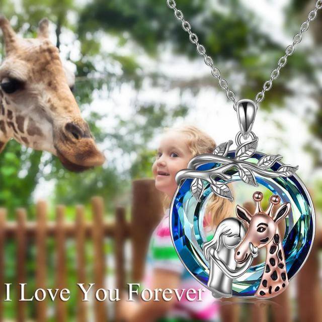 Sterling Silver Two-tone Giraffe & Tree Of Life Crystal Pendant Necklace-5