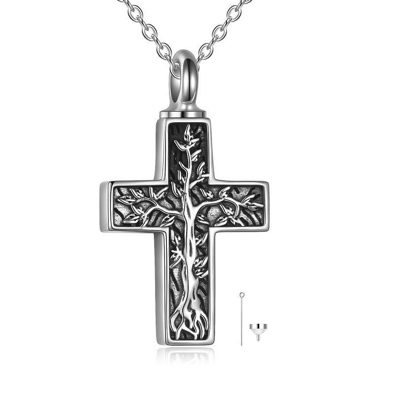 Sterling Silver Tree Of Life & Cross Urn Necklace for Ashes-1