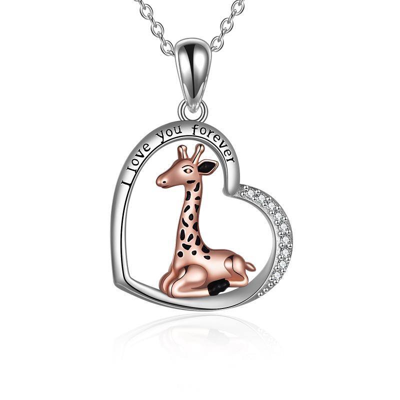 Sterling Silver Two-tone Circular Shaped Cubic Zirconia Giraffe & Heart Pendant Necklace with Engraved Word-1